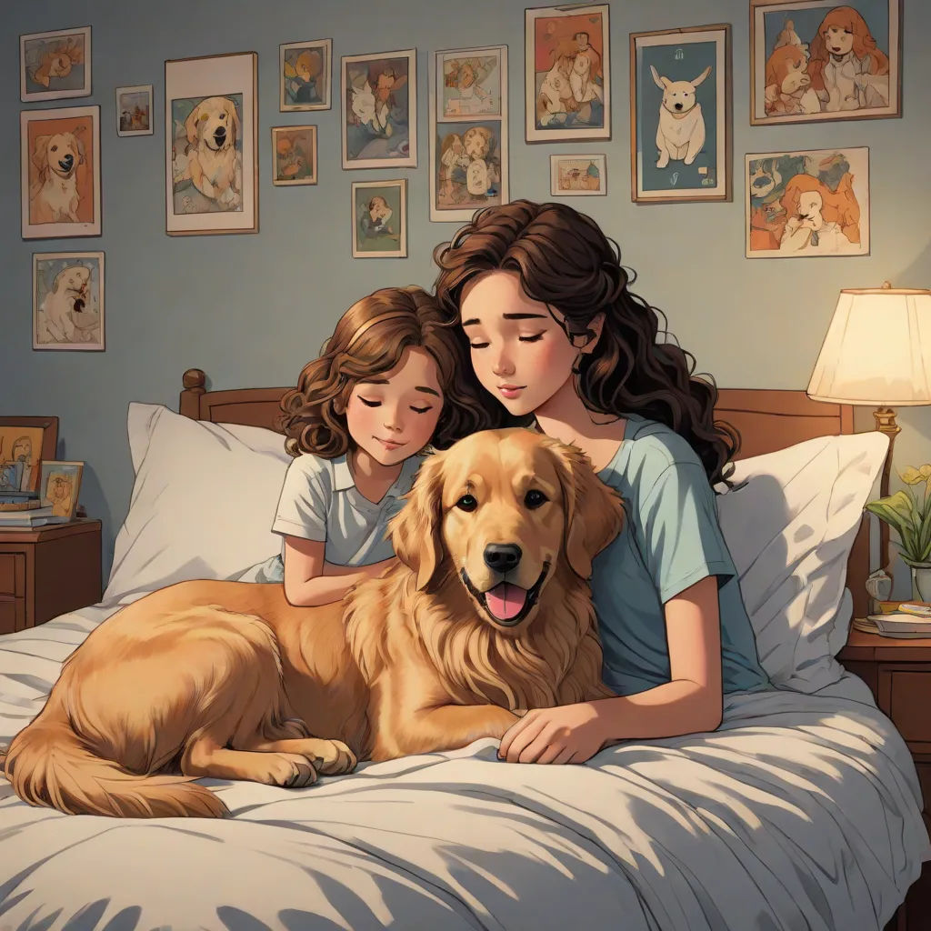 a girl and a girl are laying in bed with a dog and a lamp on the side of the bed, incredible art, furry art, a storybook illustration, Cyril Rolando