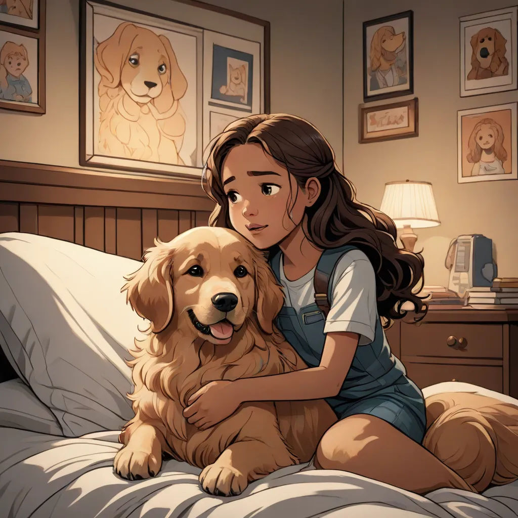 a girl sitting on a bed with a dog in her lap and a picture of a dog on the wall, kinkade, furry art, a comic book panel, Artgerm