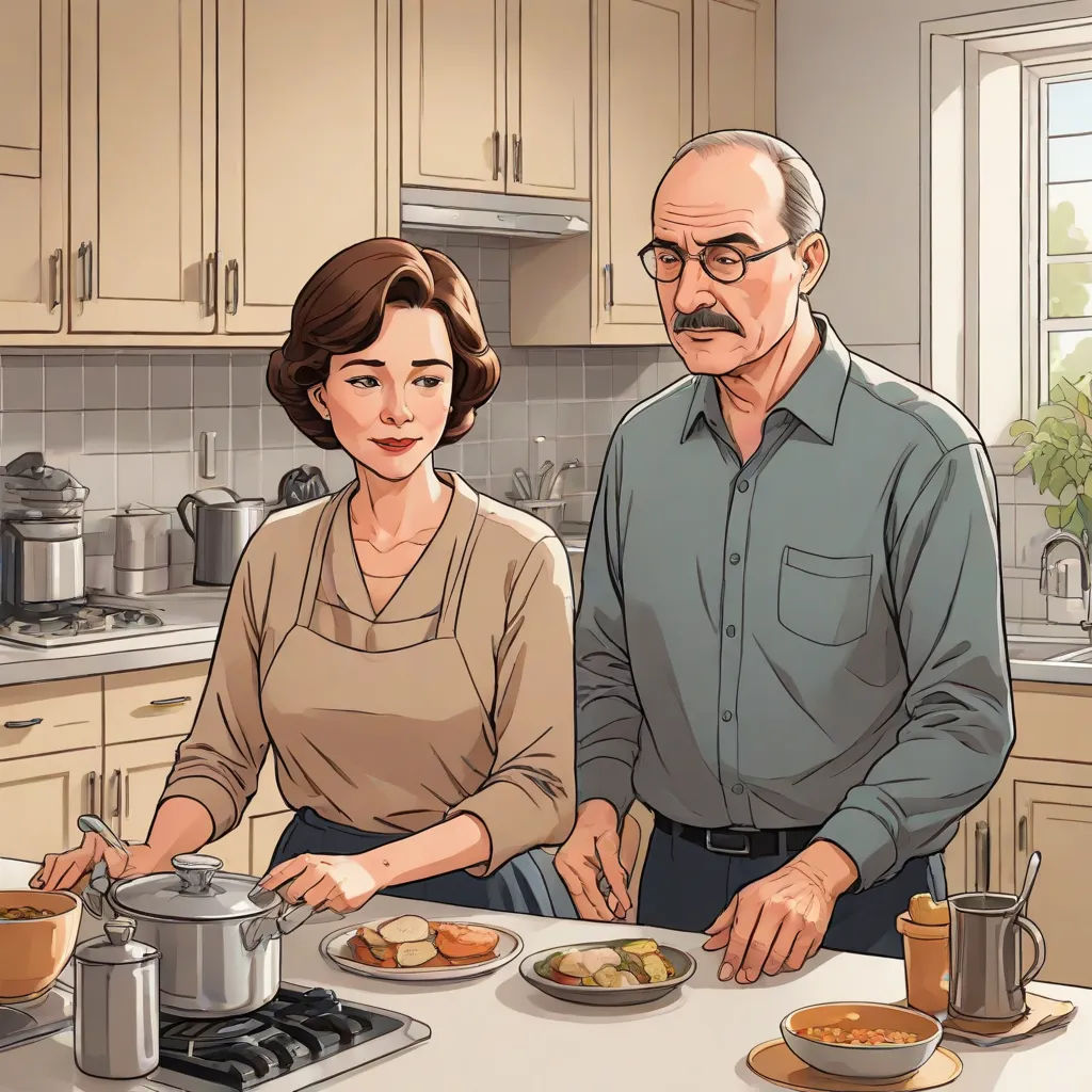 a man and woman are cooking in the kitchen together, while a man is looking on from the counter, official art, american realism, a comic book panel, Chris Ware
