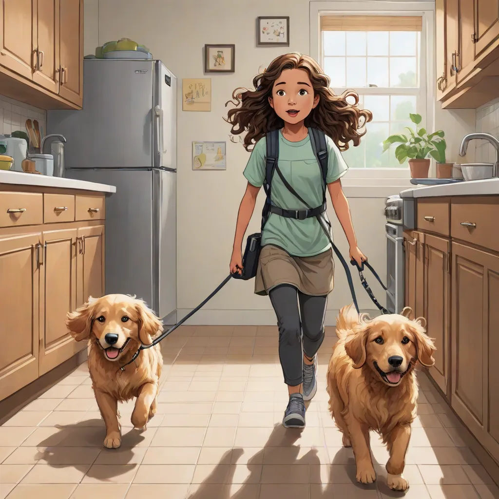 a girl walking two dogs in a kitchen with a refrigerator and sink behind her and a refrigerator and sink behind her, official art, photorealism, a storybook illustration, Bob Byerley