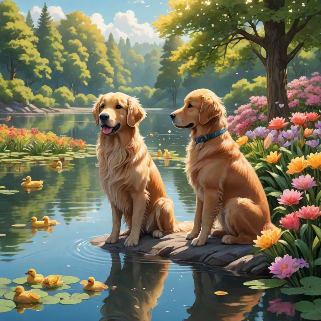 two dogs sitting on a rock in front of a pond with ducks and flowers in the water and a duckling nearby, highly detailed digital painting, furry art, a fine art painting, Brothers Hildebrandt