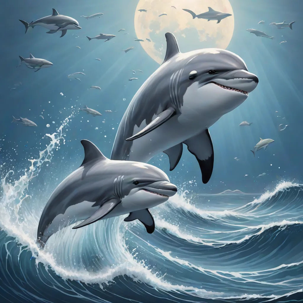 two dolphins are swimming in the ocean with a full moon in the background and a flock of fish in the water, a digital painting, David Martin, fantasy art, highly detailed digital painting