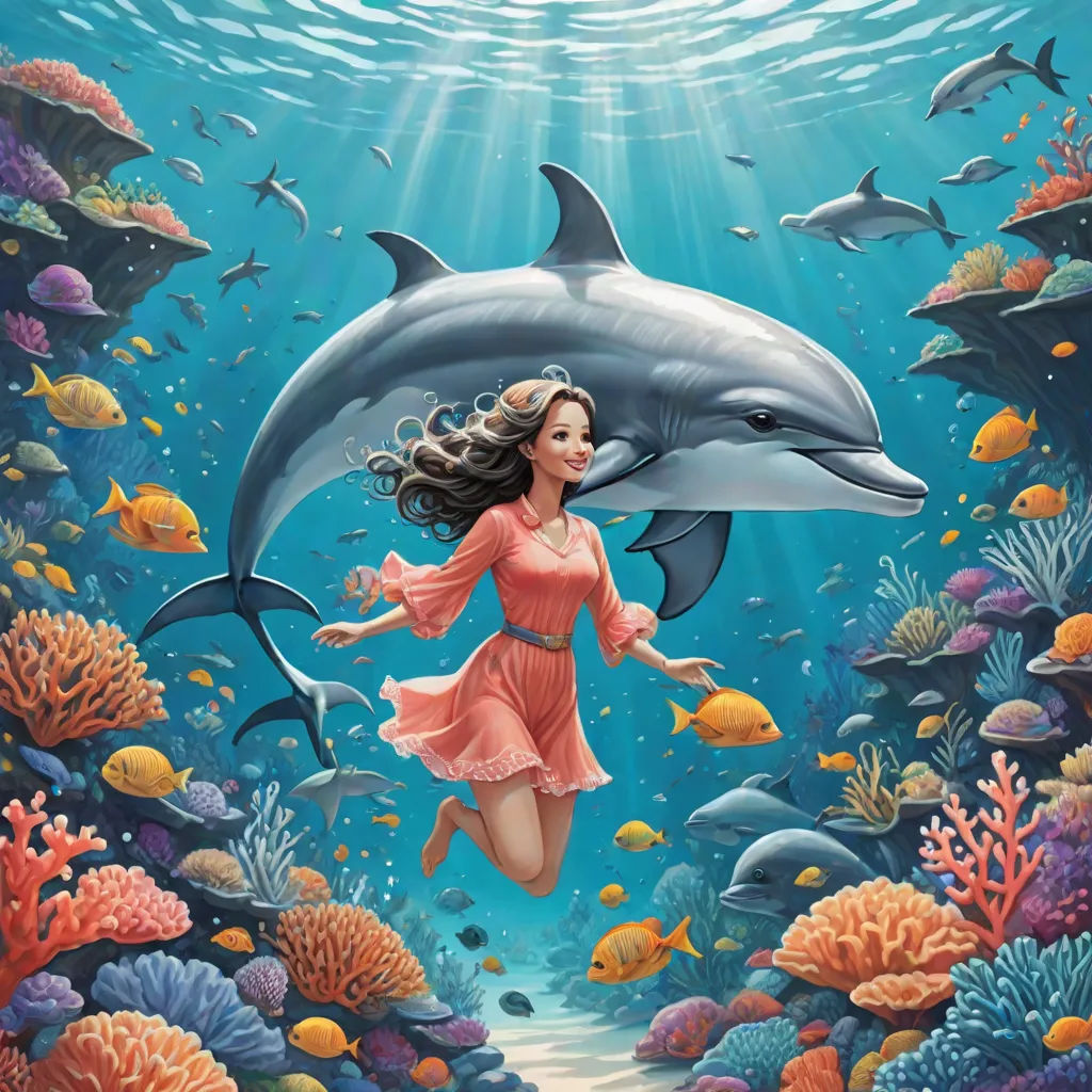 a woman in a pink dress is running through a coral reef with a dolphin and fish in the background, an airbrush painting, Cyril Rolando, fantasy art, highly detailed digital painting