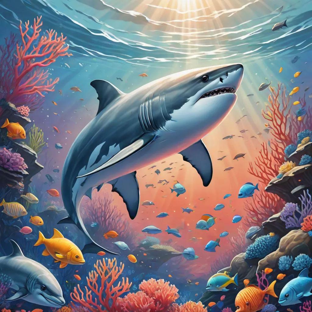 a painting of a shark swimming in the ocean with corals and fish around it, with sunlight shining through the water, a digital painting, Dan Mumford, fantasy art, highly detailed digital painting