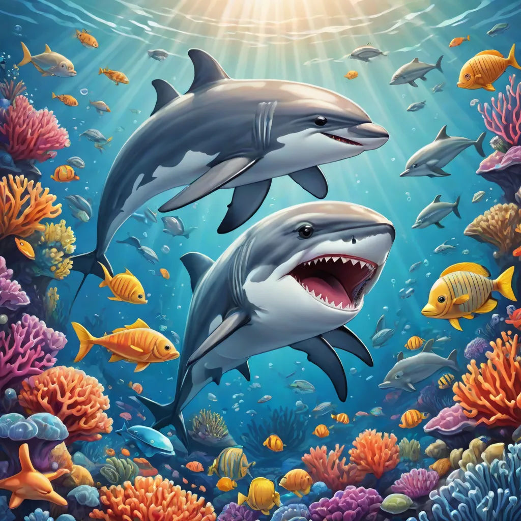 a painting of two dolphins swimming in the ocean with fish around them and a sunbeam above them that is shining, a digital painting, Chris LaBrooy, pop surrealism, highly detailed digital painting