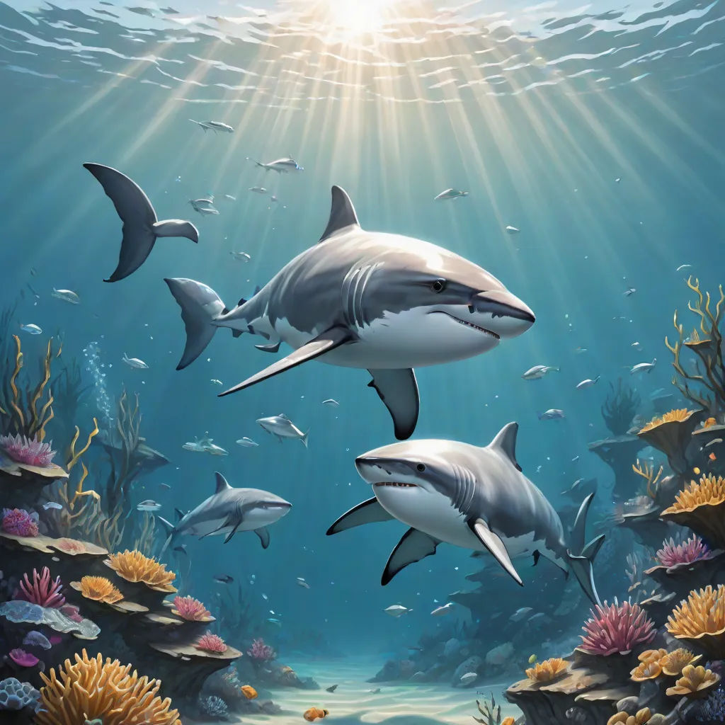 a group of dolphins swimming in the ocean with corals and seaweed around them and sunlight shining through the water, an airbrush painting, David Martin, fantasy art, highly detailed digital painting