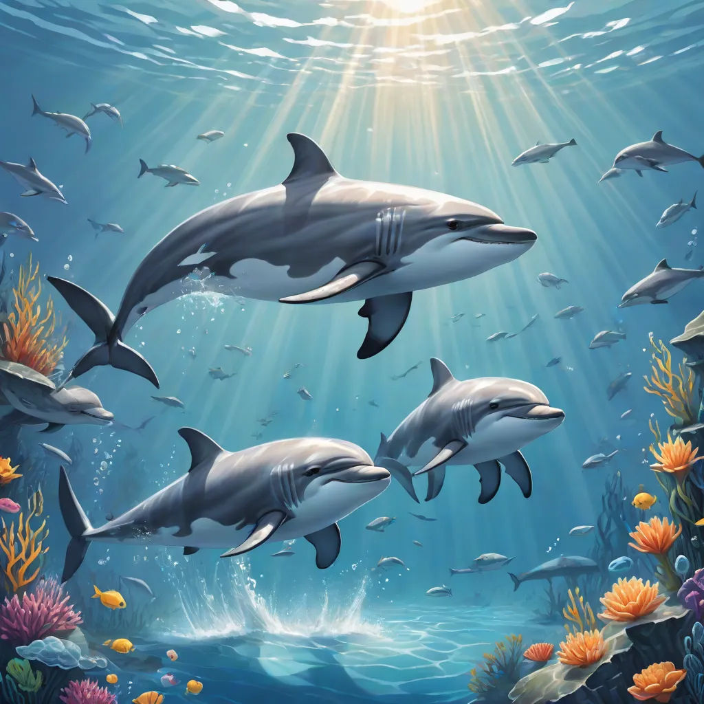 a painting of three dolphins swimming in the ocean with corals and fish around them, with sunlight shining through the water, a digital painting, David Martin, fantasy art, highly detailed digital painting
