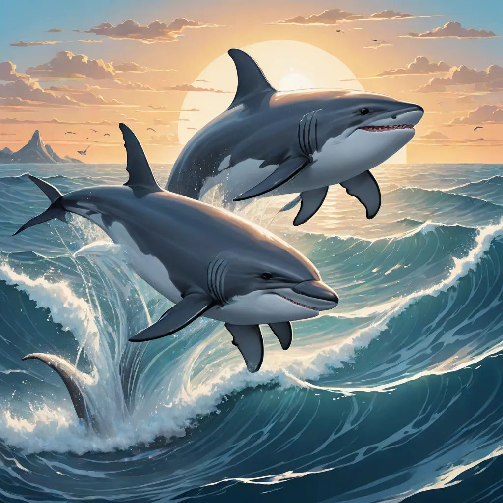 two dolphins are swimming in the ocean at sunset time, with a full moon in the background and a half moon in the sky, a digital painting, Dan Mumford, fantasy art, highly detailed digital painting