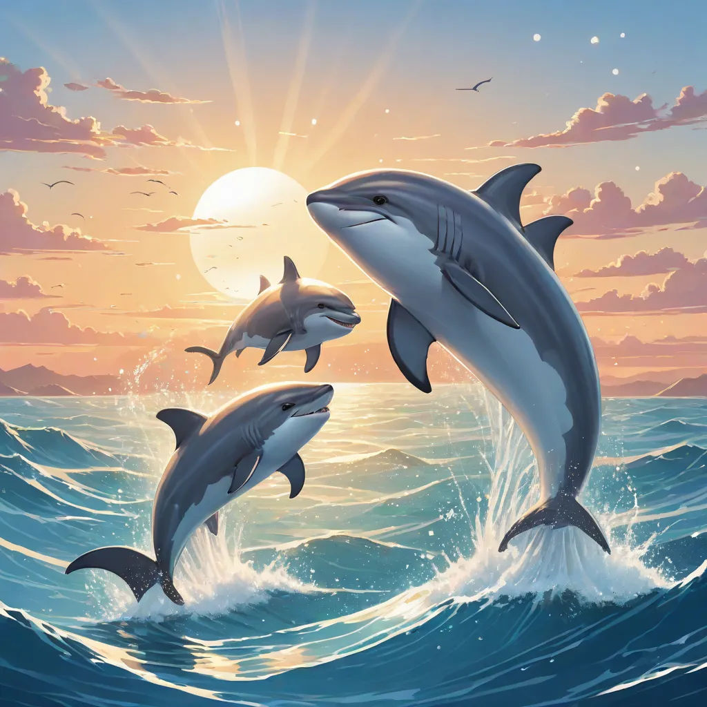 three dolphins jumping out of the water at sunset with a full moon in the background and a bird flying over the water, an airbrush painting, Anne Stokes, fantasy art, sharp foccus ilustration