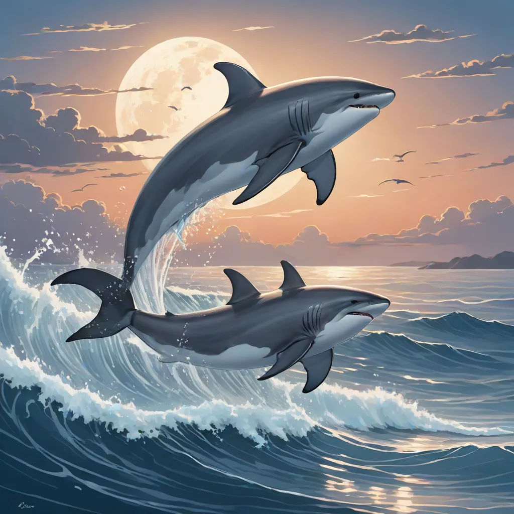 two dolphins jumping out of the water at night time with a full moon in the background and a full moon in the sky, a fine art painting, Anne Stokes, fantasy art, highly detailed digital painting
