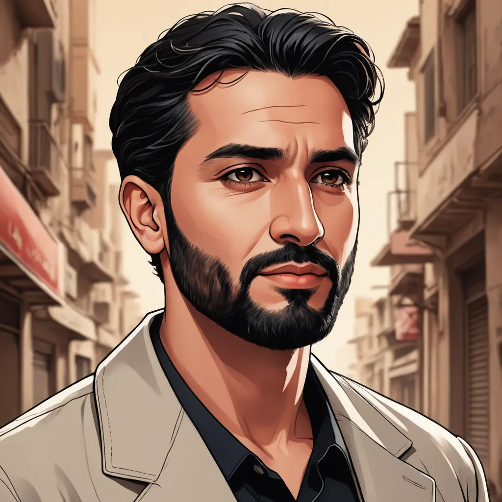 a man with a beard and a suit jacket on in a city street with buildings and signs on the sides, serial art, a character portrait, Ahmed Karahisari, character portrait