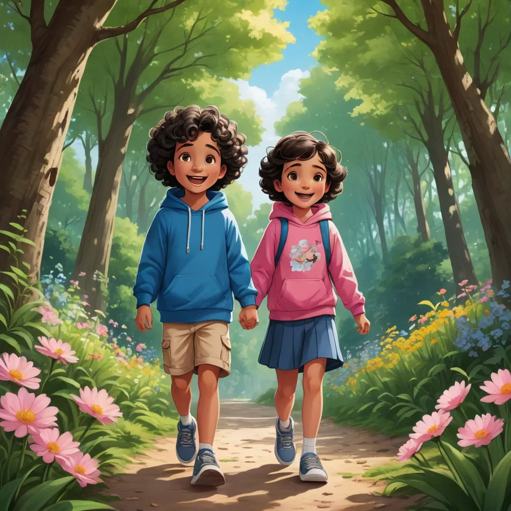 a couple of kids walking down a forest path holding hands and smiling at the camera with flowers in the background, american scene painting, a storybook illustration, Brothers Hildebrandt, official art