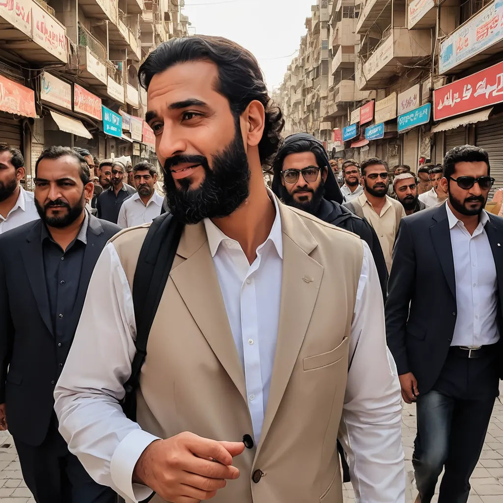 a man with a beard and a suit on walking in front of a group of men in suits and ties, hurufiyya, a picture, Ahmed Karahisari, 150mp