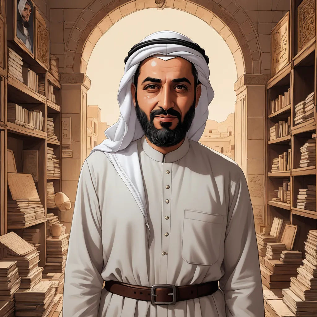 a man in a library with a beard and a beard in a white robe and a brown belt around his waist, serial art, a character portrait, Ahmed Karahisari, character portrait