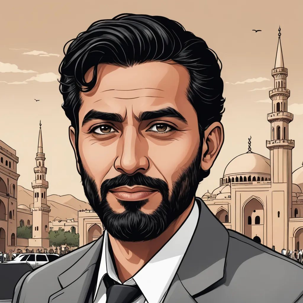 a man with a beard and a suit in front of a building with a dome and a clock tower, serial art, a character portrait, Altoon Sultan, character portrait