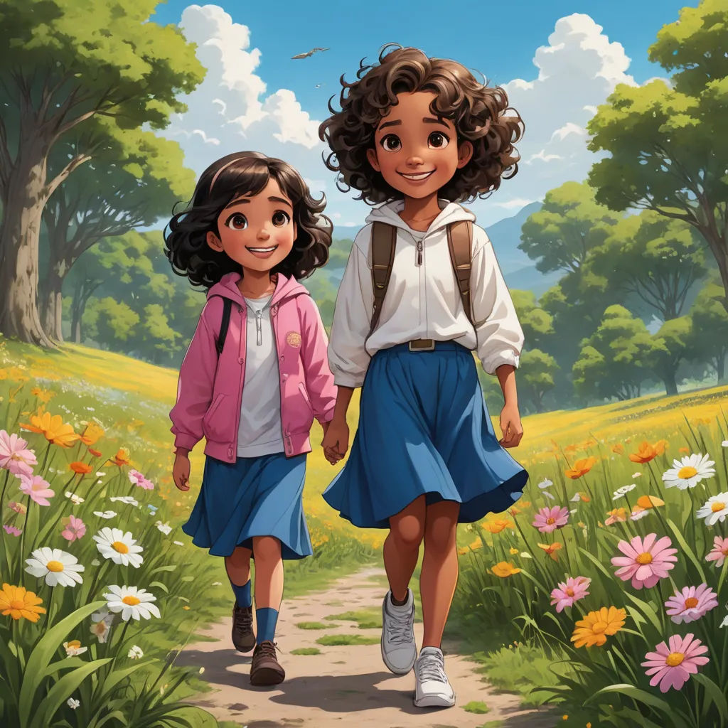a couple of kids walking down a dirt road next to a field of flowers and trees with a sky background, american scene painting, a storybook illustration, Brothers Hildebrandt, official art