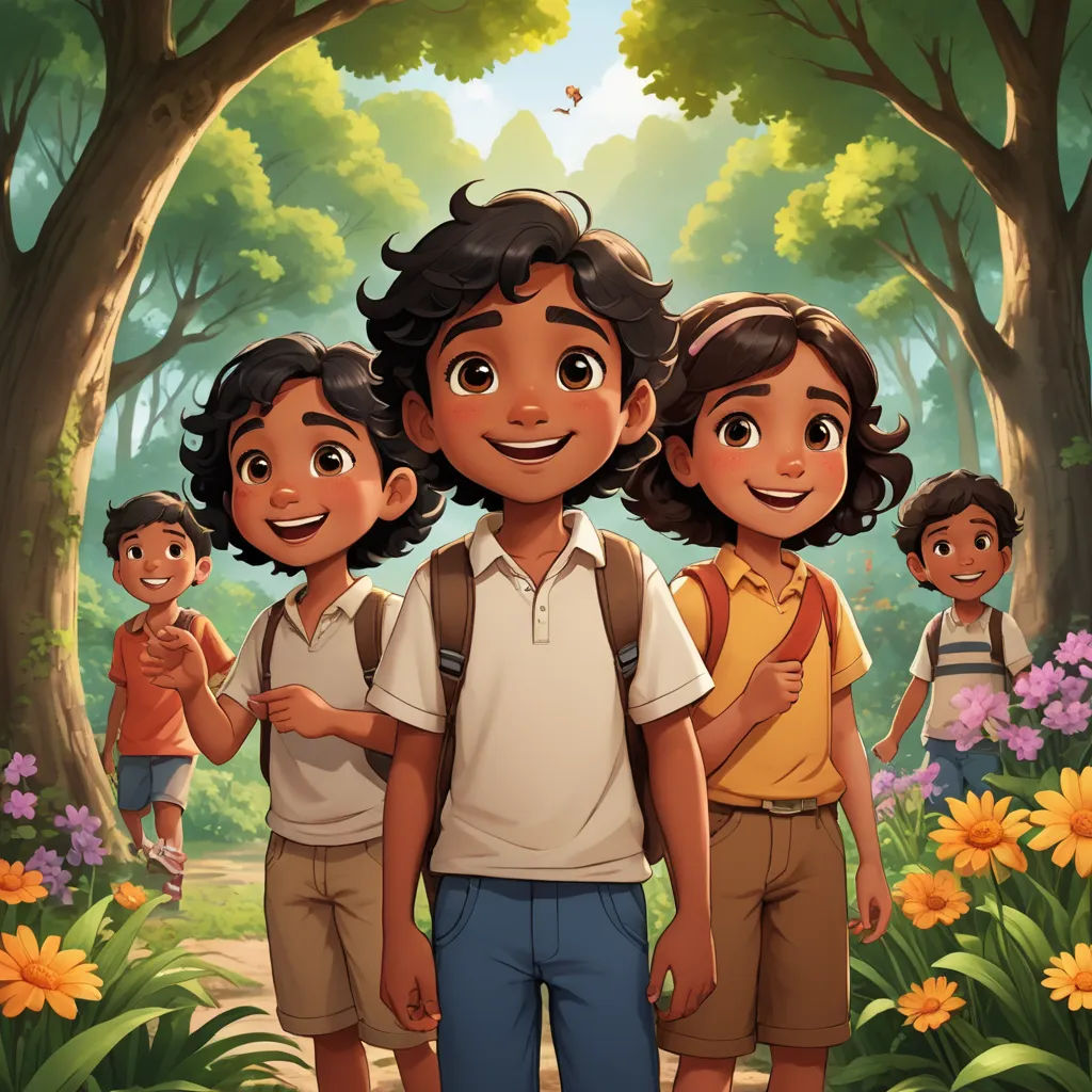 a group of children standing in a forest with flowers and trees in the background, with a boy in the foreground, serial art, a storybook illustration, Eddie Mendoza, official art