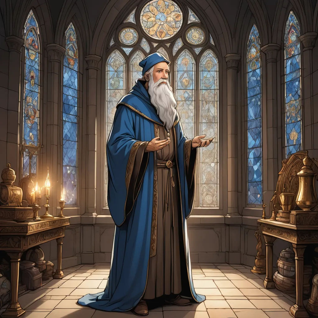 a man in a blue robe standing in front of a stained glass window with a candle in his hand, fantasy art, a character portrait, Christophe Vacher, game art