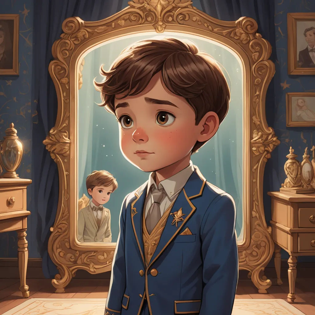 a boy in a blue suit standing in front of a mirror with a reflection of himself in it and a doll in the background, sots art, a storybook illustration, Alejandro Burdisio, storybook illustration