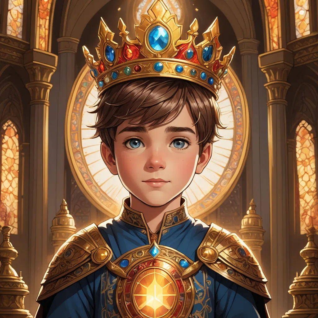 a boy in a crown and a blue dress with a gold ring on his head and a gold ring on his chest, sots art, a character portrait, Cedric Peyravernay, rossdraws global illumination
