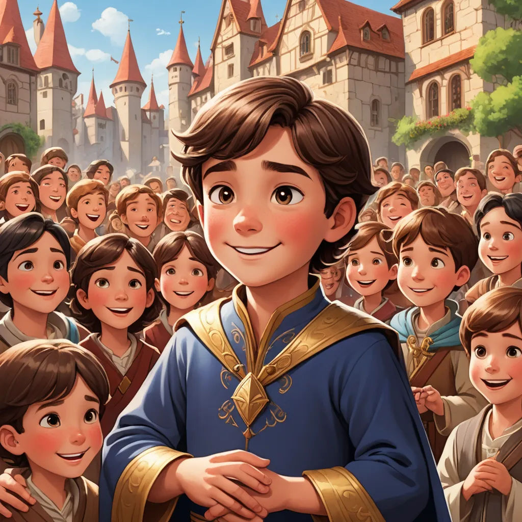 a cartoon of a boy in a crowd of people with a castle in the background and a smiling man in the foreground, sots art, a storybook illustration, Brothers Hildebrandt, official art