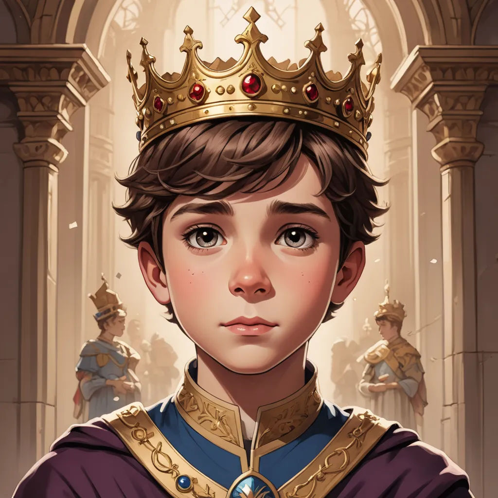 a young boy wearing a crown and a purple dress with a gold crown on his head and a red and blue dress, sots art, a character portrait, Charles Bird King, crown