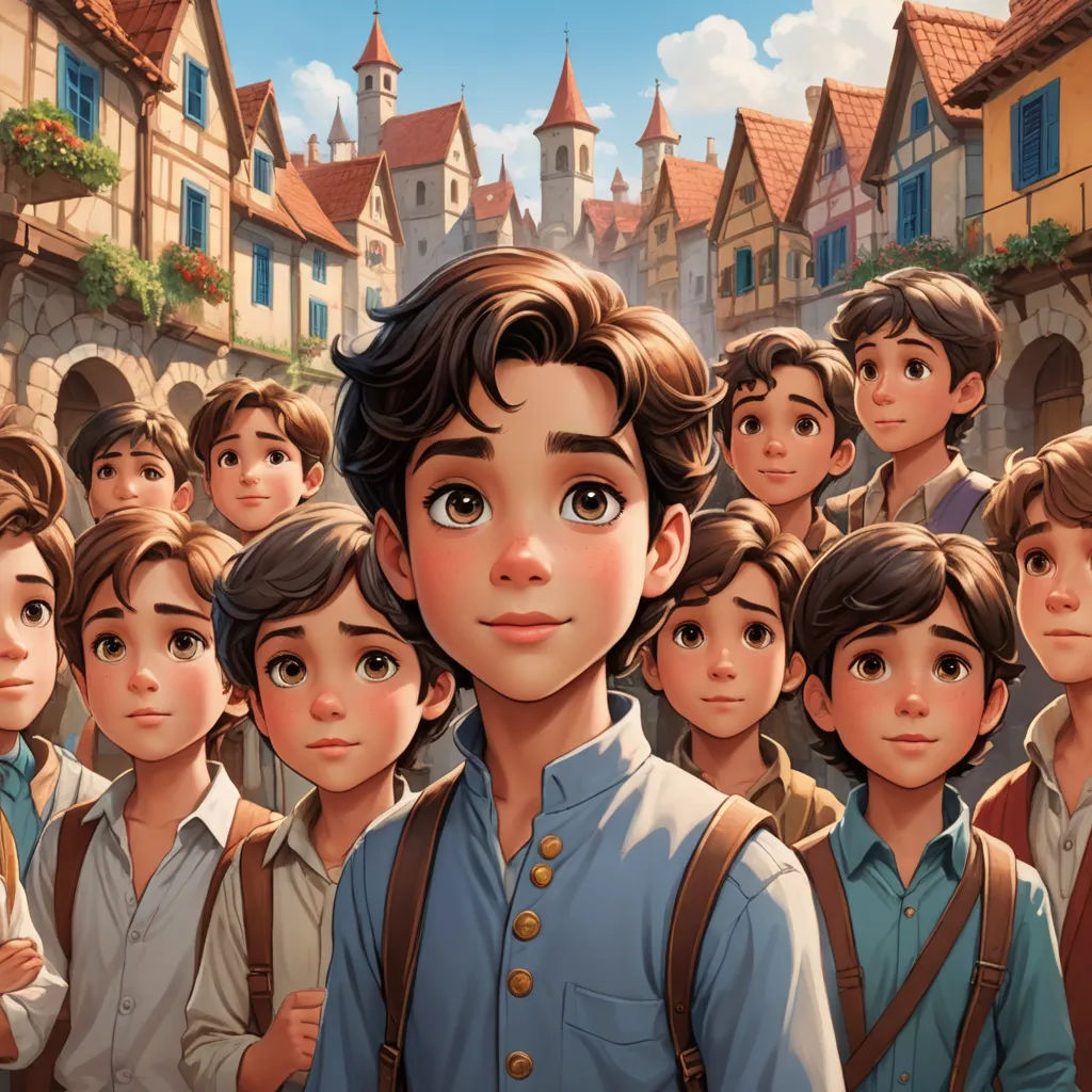 a boy in a blue shirt is surrounded by a group of people in a village with a clock tower, serial art, a storybook illustration, Brothers Hildebrandt, rossdraws global illumination
