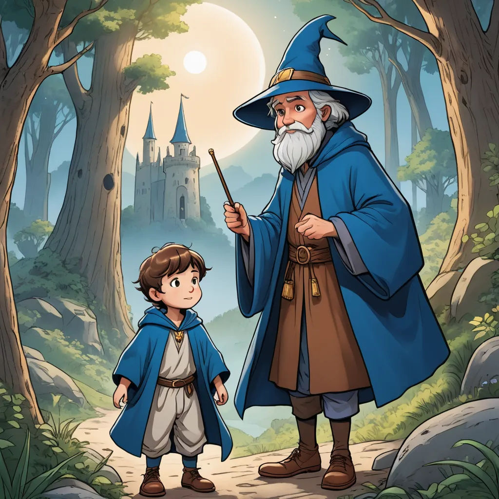 a wizard and a boy in a forest with a castle in the background illustration by alex krapf, fantasy art, a storybook illustration, Diego Gisbert Llorens, official art