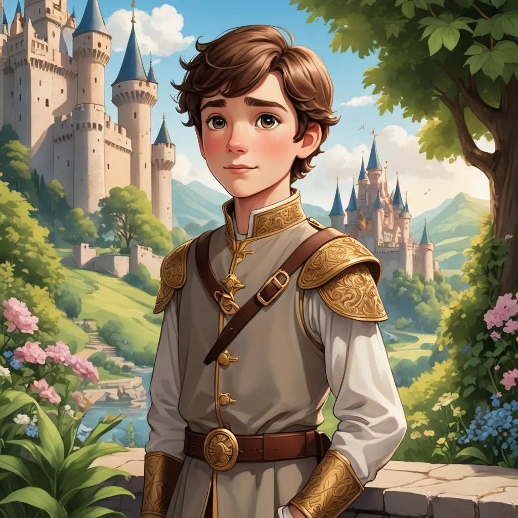 a cartoon boy in a medieval outfit standing in front of a castle with a castle in the background and a pink flower in the foreground, fantasy art, a character portrait, Cedric Seaut (Keos Masons), rossdraws global illumination