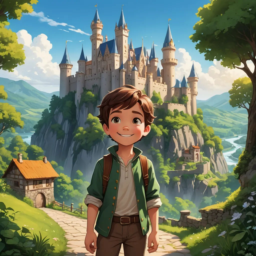 a boy standing in front of a castle with a backpack on his shoulder and a backpack on his shoulder, fantasy art, a storybook illustration, Cliff Childs, rossdraws global illumination