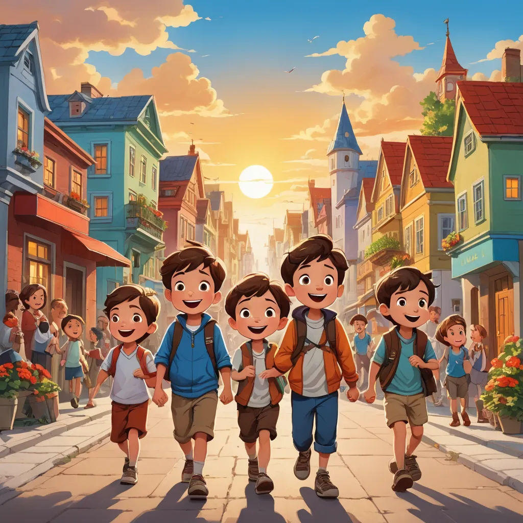 a group of children walking down a street in front of a sunset with a sky background and a city, lyco art, a storybook illustration, Brothers Hildebrandt, official art