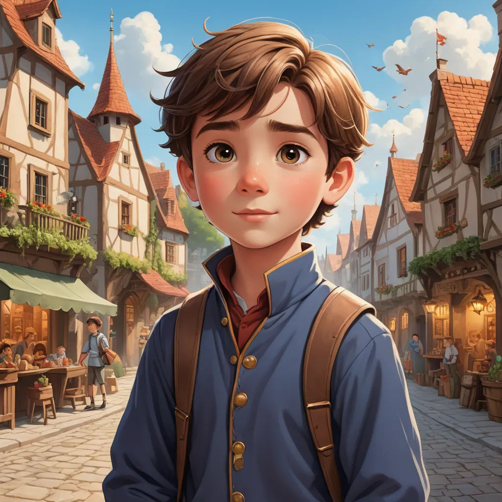 a boy in a blue shirt and brown suspenders standing in front of a street with a castle in the background, fantasy art, a storybook illustration, Cliff Childs, rossdraws global illumination