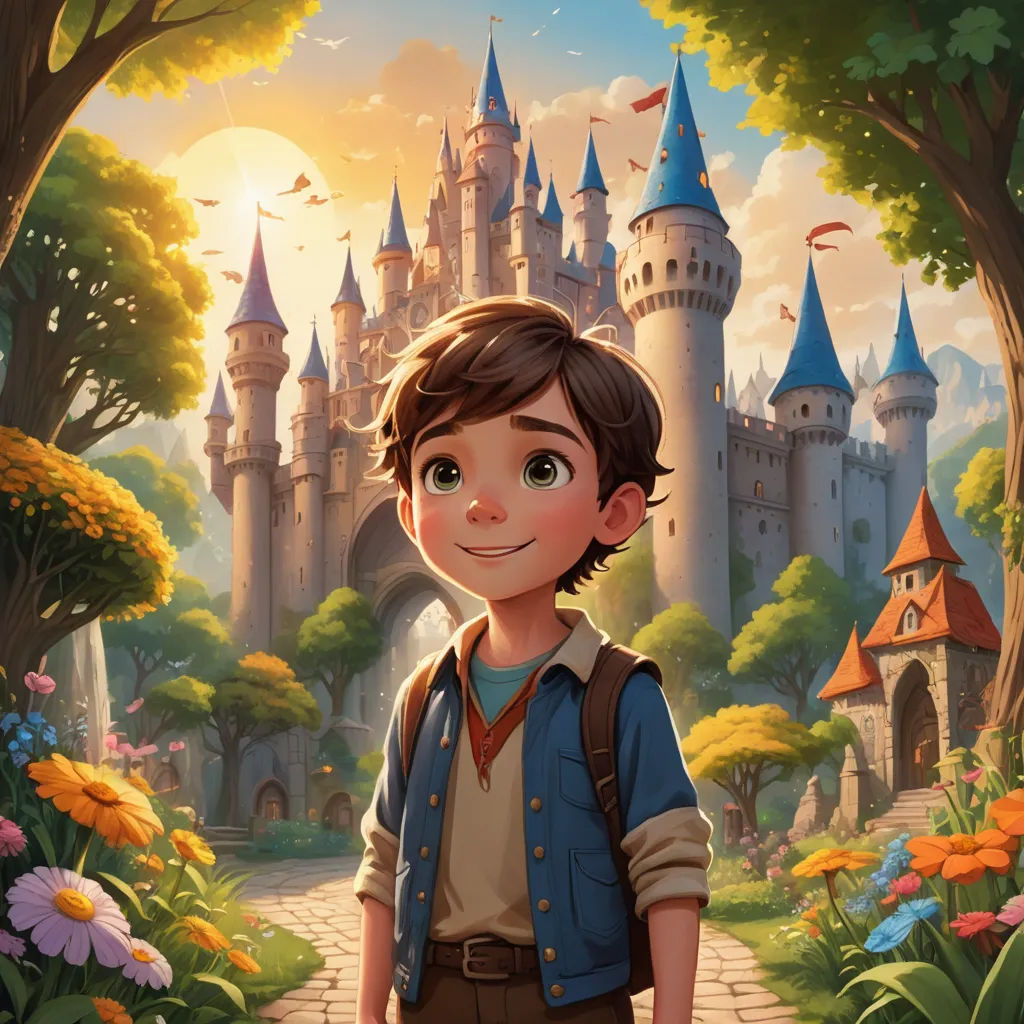 a boy standing in front of a castle with a backpack on his back and a backpack on his shoulder, fantasy art, a storybook illustration, Aaron Jasinski, rossdraws global illumination