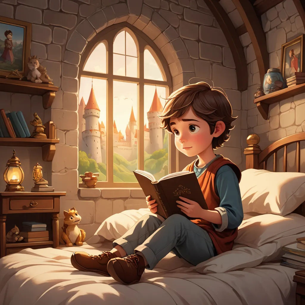 a boy sitting on a bed reading a book in a castle bedroom with a window and a castle wall, fantasy art, a storybook illustration, Diego Gisbert Llorens, storybook illustration