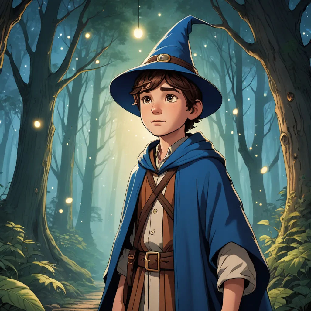 a boy in a blue hat and cape standing in a forest with a light shining on him and a trail leading to the woods, fantasy art, a character portrait, Cedric Peyravernay, official art