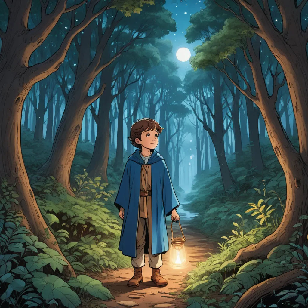 a boy in a blue cape is standing in the woods with a lantern in his hand and a flashlight in his hand, fantasy art, a storybook illustration, Diego Gisbert Llorens, comic cover art