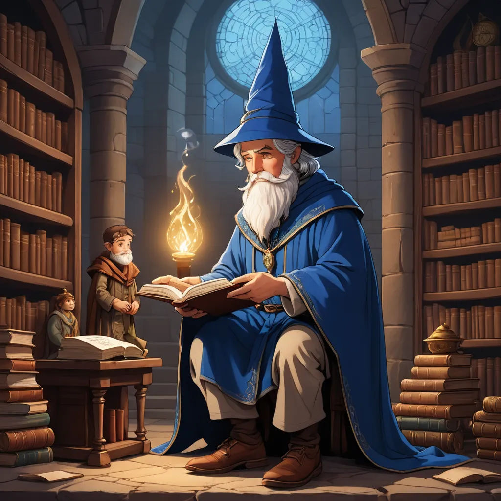 a wizard reading a book in a library with a little boy nearby reading a book and a candle in his hand, fantasy art, a storybook illustration, Andreas Rocha, fantasy artwork