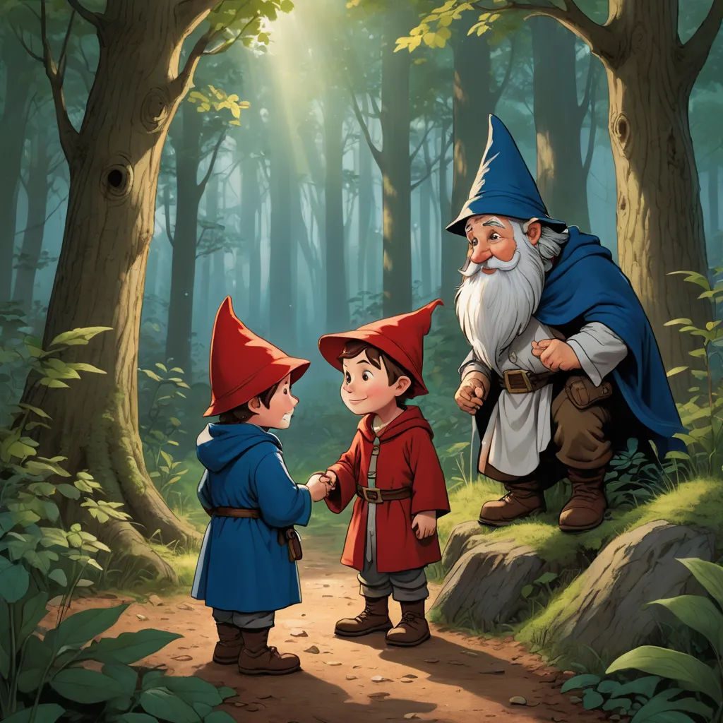 a little boy and a gnome are standing in the woods talking to each other and looking at each other, fantasy art, a storybook illustration, Brothers Hildebrandt, official art