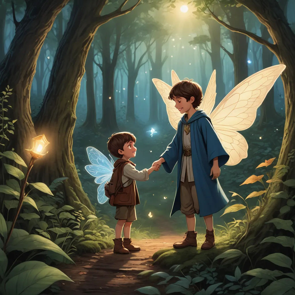 a boy and a girl are holding hands in the woods with a fairy light shining on them and a fairy holding hands, fantasy art, a storybook illustration, Christophe Vacher, storybook illustration