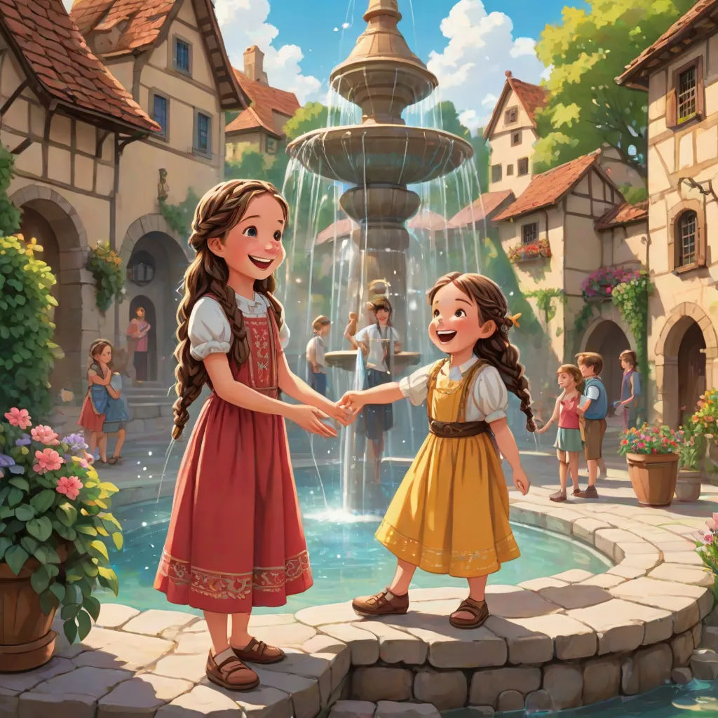 a couple of kids shaking hands in front of a fountain with a fountain in the background and people standing around, american scene painting, a storybook illustration, Brothers Hildebrandt, official art