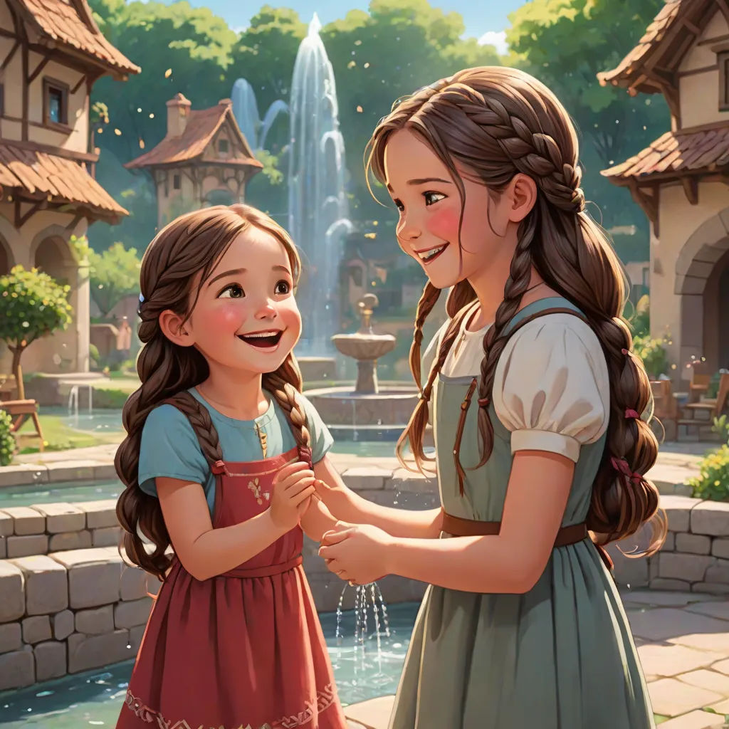 a couple of girls standing next to each other near a fountain and a fountain with a fountain in the background, sots art, a storybook illustration, Brothers Hildebrandt, official art