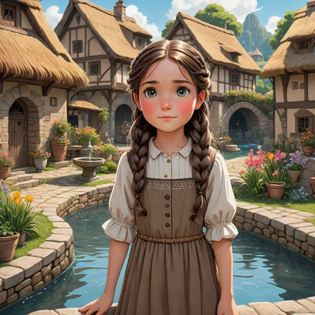 a girl in a dress standing in front of a pond with a house in the background and a pond in the foreground, fantasy art, a detailed matte painting, Claire Falkenstein, cgstudio
