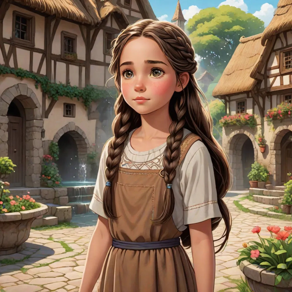 a girl with long hair and braids standing in front of a house with a fountain and flowers in the yard, fantasy art, a storybook illustration, Clarice Beckett, kinkade