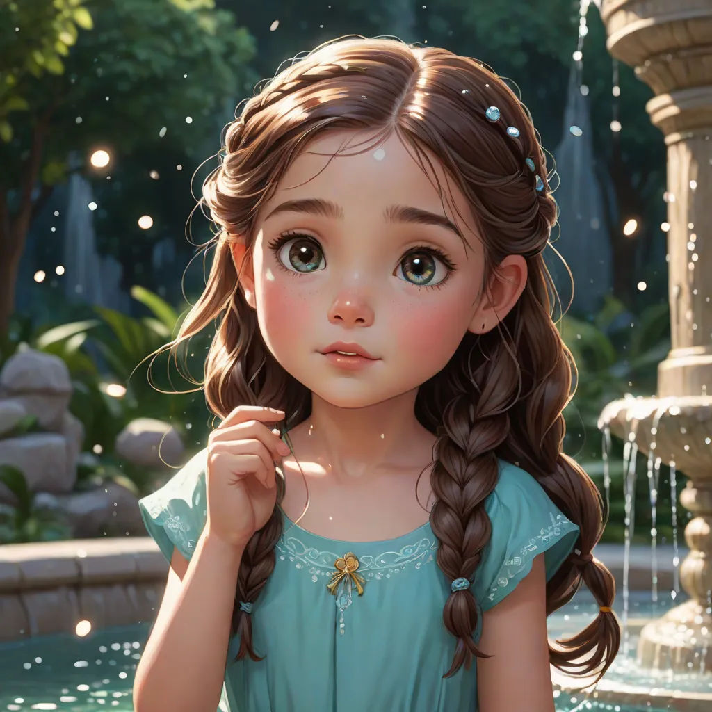 a little girl standing in front of a fountain with a butterfly on her shoulder and a butterfly in her hair, photorealism, a photorealistic painting, Alice Prin, cgstudio