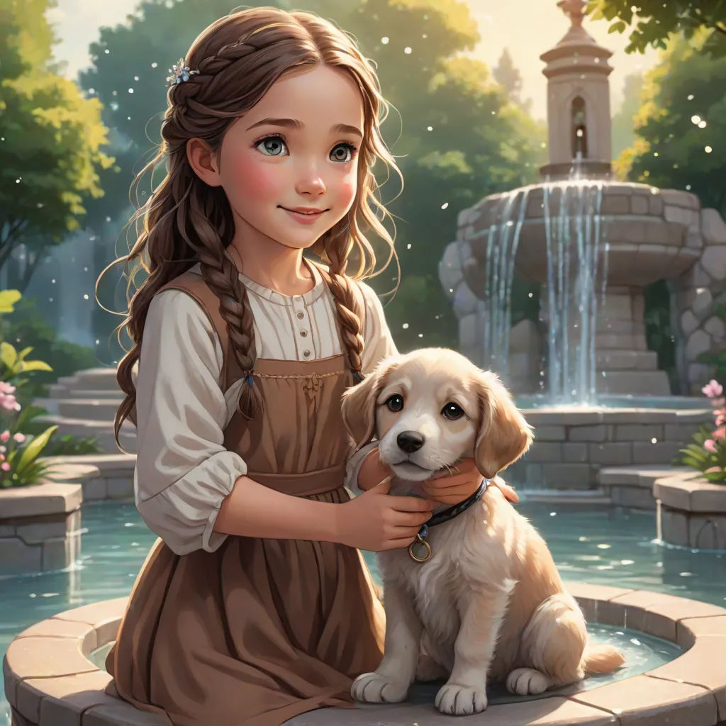 a girl holding a puppy in front of a fountain with a fountain in the background and a fountain in the foreground, fantasy art, a storybook illustration, disney, kinkade