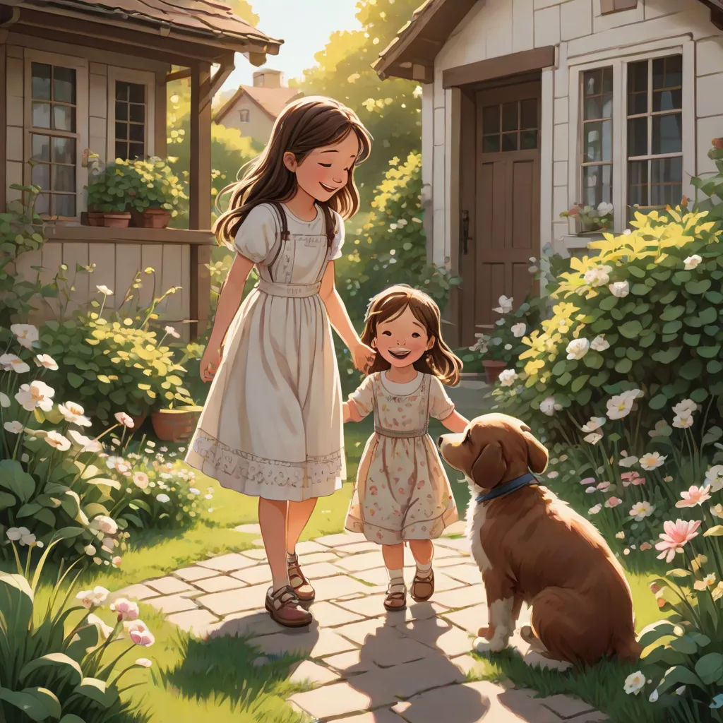 a little girl and a little girl standing next to a dog in a garden with flowers and a house, american scene painting, a storybook illustration, Brothers Hildebrandt, official art