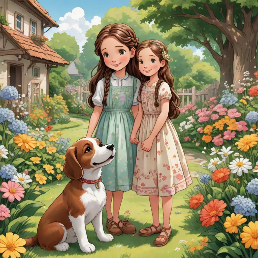 a girl and a dog standing in a garden with flowers and a house in the background illustration by alex macdola, naive art, a storybook illustration, Anne Said, official art