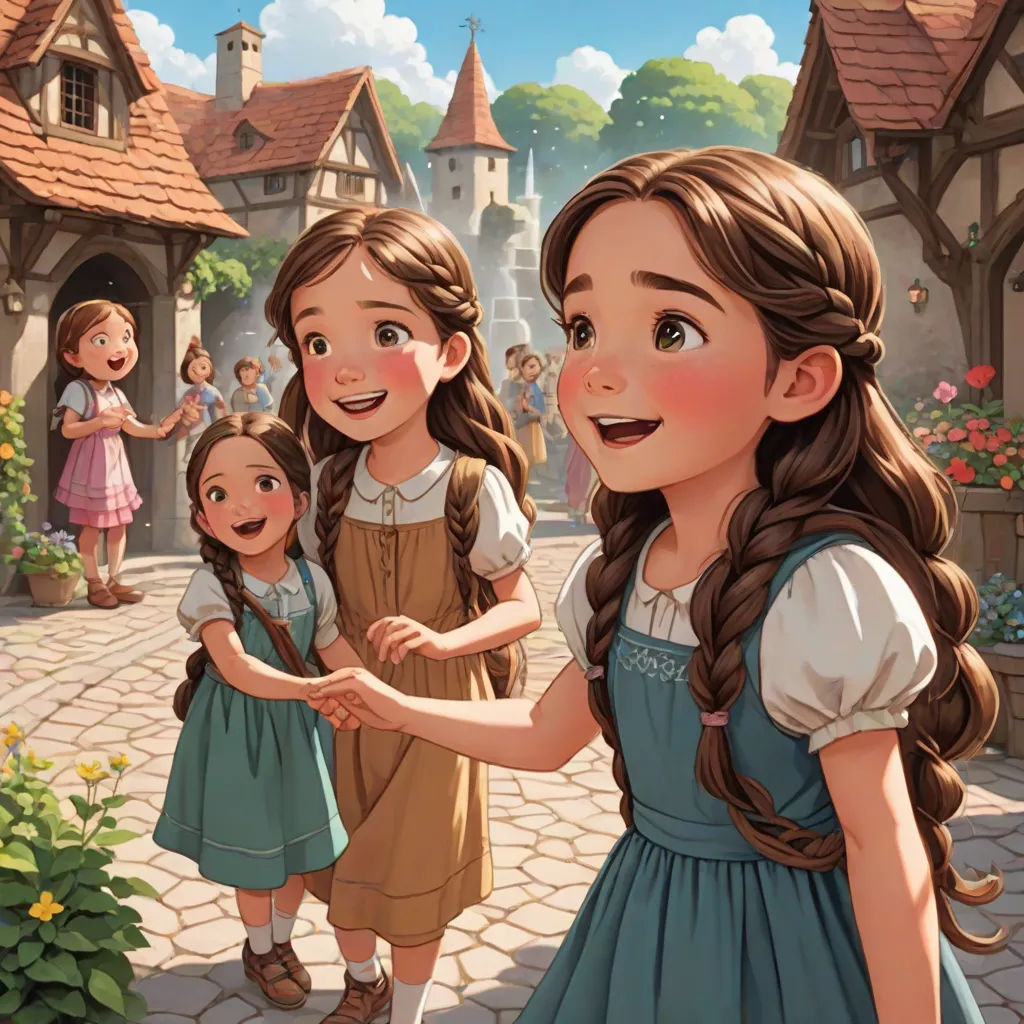 a group of girls standing next to each other in front of a castle with a little girl in the middle, fantasy art, a storybook illustration, Brothers Hildebrandt, official art