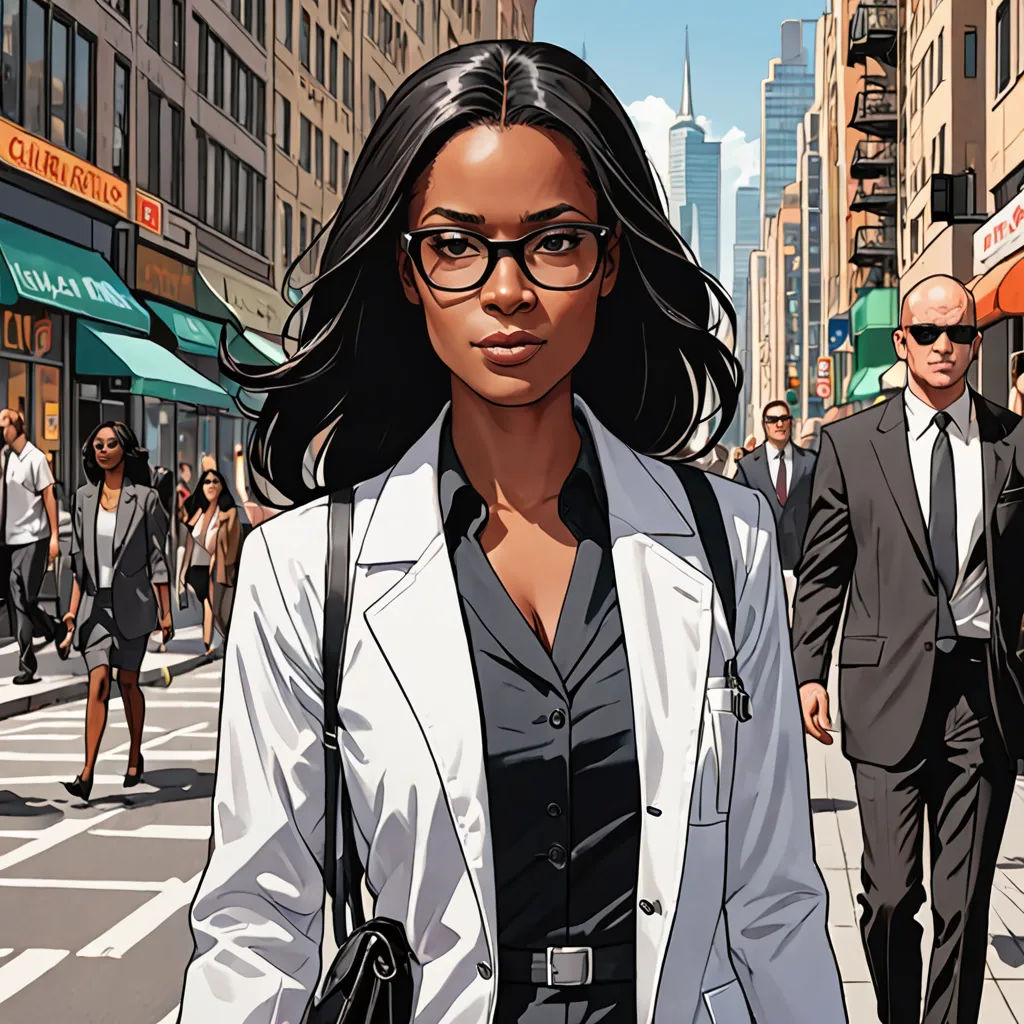 a woman in a suit and glasses walking down a street with a man in a suit and tie behind her, Asaf Hanuka, american realism, a comic book panel, promotional image