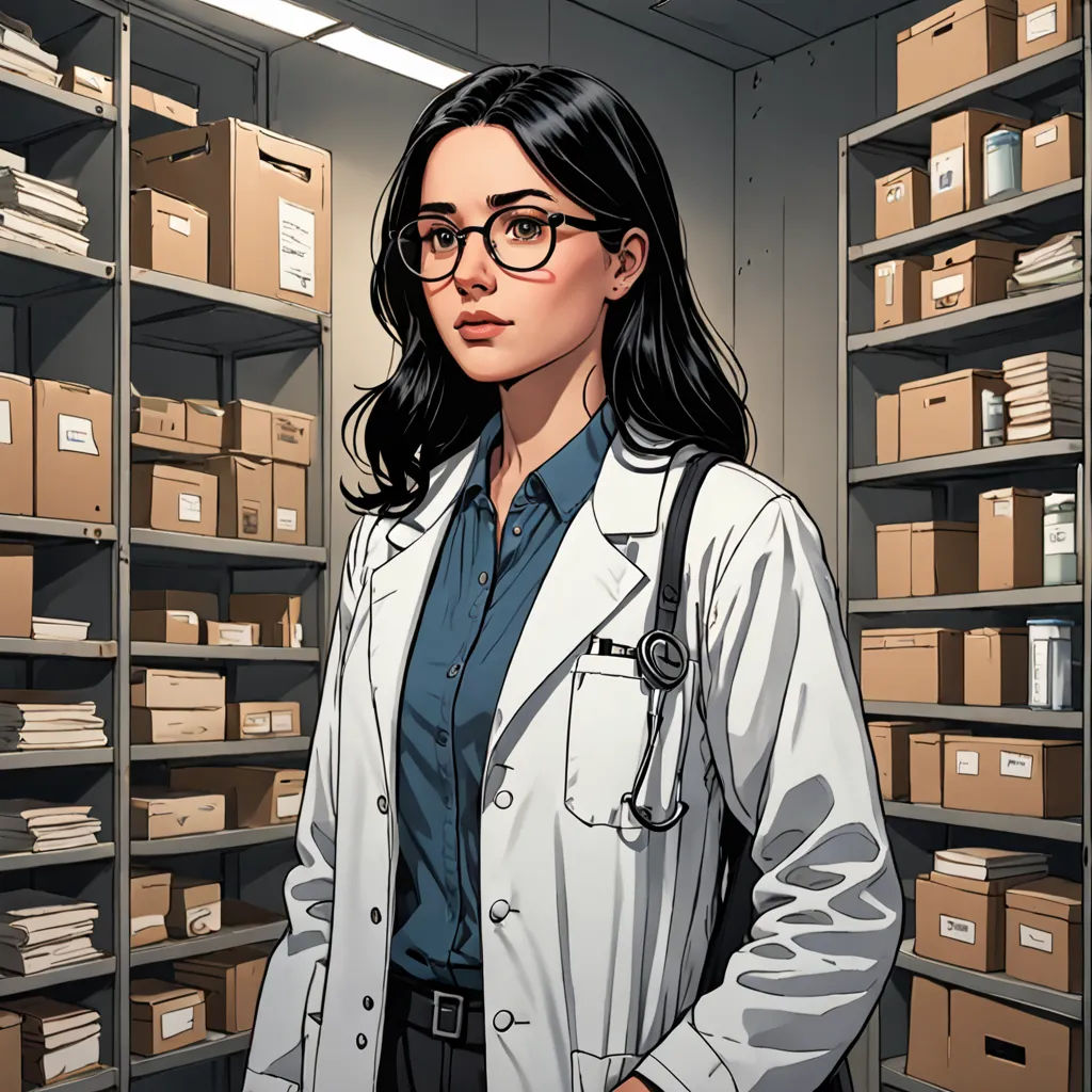 a woman in a white lab coat standing in a room with boxes on shelves and a stethoscope, Artgerm, academic art, a comic book panel, kim jung gi